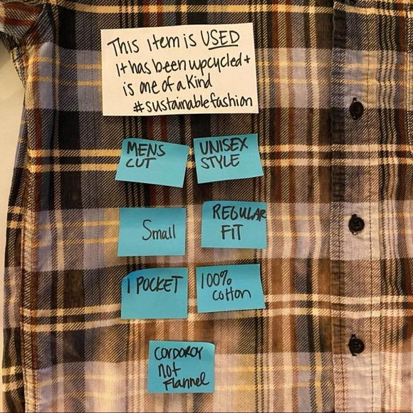 Upcycled Corduroy Shirt Mens Size Small Ombré Custom Bleached Plaid Button Down - Picture 8 of 11